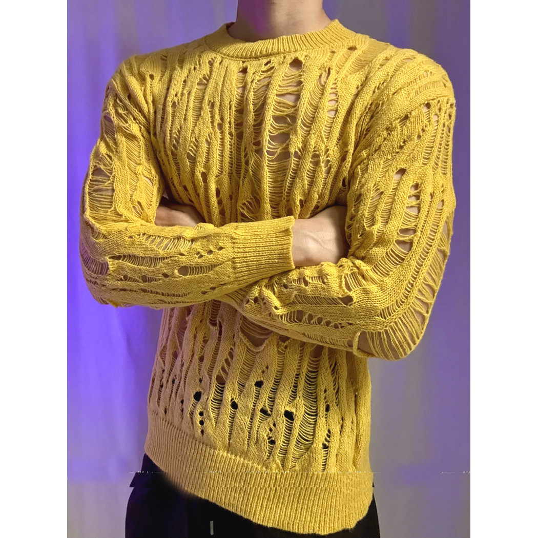 多巴胺穿搭镂空针织衫男剪破毛边长袖卫衣个性透视乞丐网纱罩衫潮