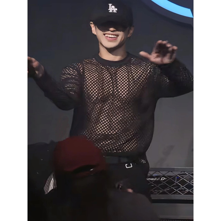 抖音同款男士网眼长袖透视t恤性感夜店DJ服健身透气网纱镂空罩衫