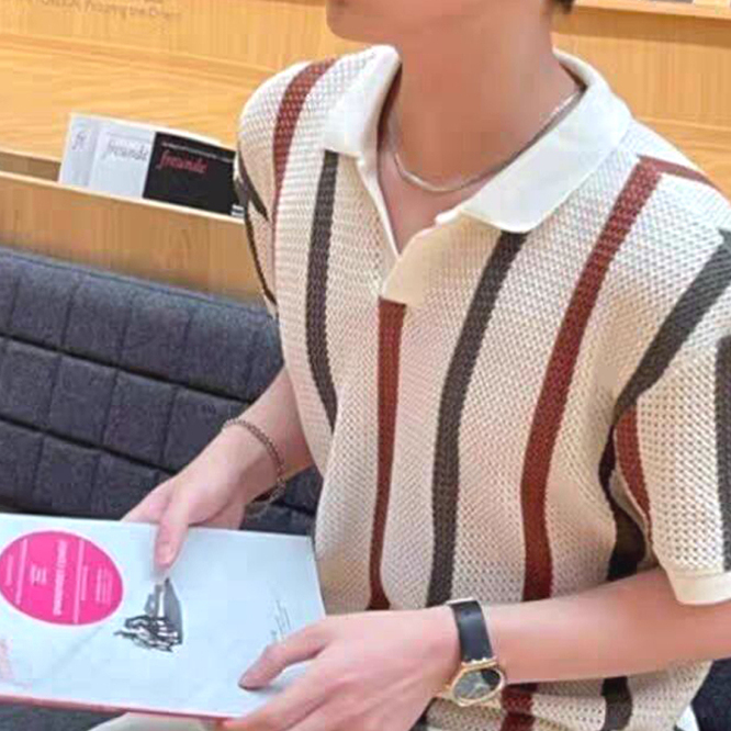 小香风镂空针织polo衫男撞色条纹修身短袖卫衣海鸥领网眼透视t恤