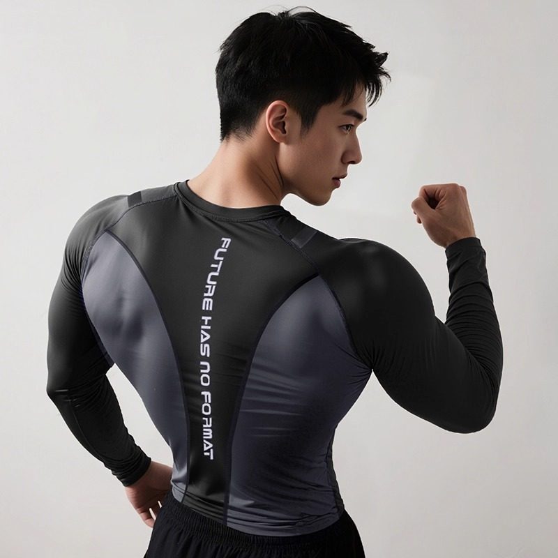 速干紧身衣男长袖显大无缝运动上衣跑步健身训练服秋冬薄款打底衫