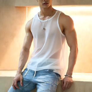 欧美性感透视背心男模夜店风丝滑冰丝无袖t恤纳米丝镂空网纱坎肩