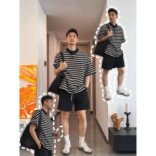 美式黑白条纹t恤男小领口宽松五分短袖凉薄速干冰丝半袖运动上衣
