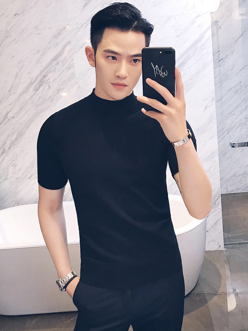 网红小高领针织衫冰丝莫代尔短袖