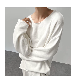 慵懒风大领口罩衫男毛呢肌理感宽松长袖t恤松弛感拉领针织打底衫