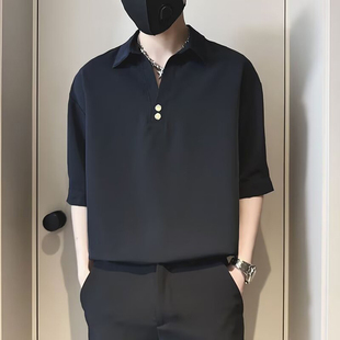 轻熟风深v领polo衫 领冰丝t恤免烫无痕凉感 男高级感宽松短袖 衬衫