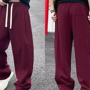 直筒休闲卫裤 痞帅高端宽松阔腿裤 男士 潮牌安可拉红垂感明线弯刀裤