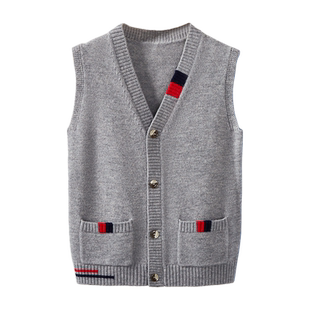男孩子纯羊毛衫开衫背心青少年针织马甲中学生无袖毛衣学院风坎肩