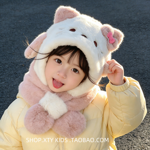儿童帽子冬季可爱小猫超萌男女童百搭加厚毛绒围巾一体宝宝护耳帽
