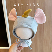 婴儿护耳帽女春秋季 纯棉卡通小象新生包头防风帽子百搭男宝宝胎帽