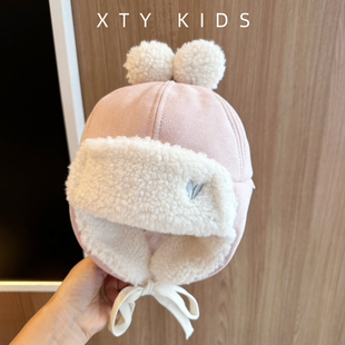 儿童帽子冬季毛绒雷锋帽韩版加绒加厚保暖爱心羊羔绒宝宝护耳帽女