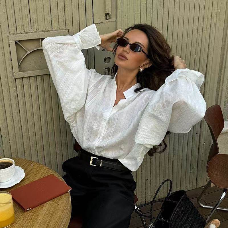 Loose shirt top ins风宽松显瘦灯笼袖设计感休闲防晒衬衫上衣