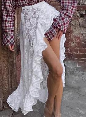 白色锦蕾丝荷叶边提花通勤half skirt 2025spring and summer fas