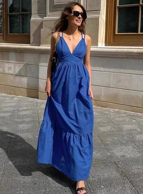 French 度假风蓝色棉麻V领straps backless  dress 2025spring an