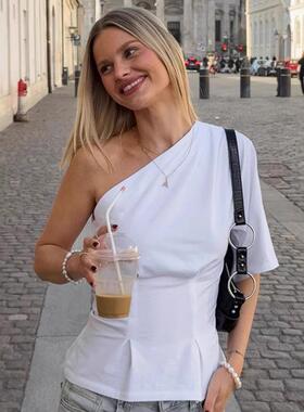 French 白色不规则露肩T-shirt knit 套头T-shirt 2025fashion ne