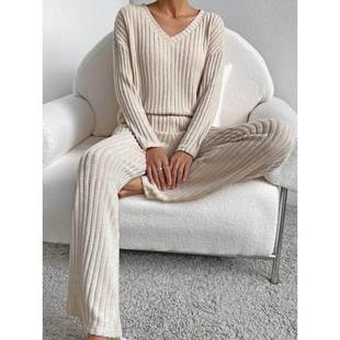 neck groove knitted French sleeve套装 loose