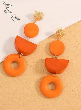 几何木质耳环retro rotundity 拼色耳坠镂空木头耳饰木艺拼色设计