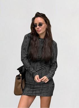 autumn minimalist knit 复古round neck 修身显瘦包臀裙versatil