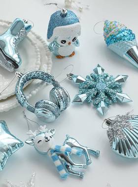 蓝色塑料挂件粘粉圣诞树橱窗starp 五角星雪花卡通装饰场景布置