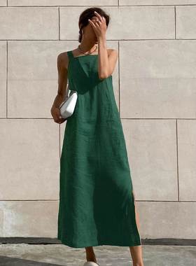 2025夏季newFrench棉麻waistcoat dress女度假leisure绿色开叉str