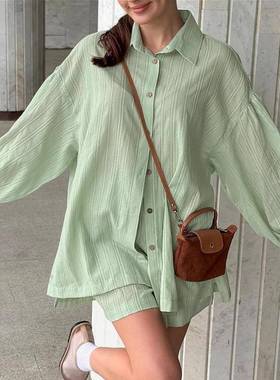 绿色纯棉提花透气loose long sleeves 短裤睡衣two-piece set 202