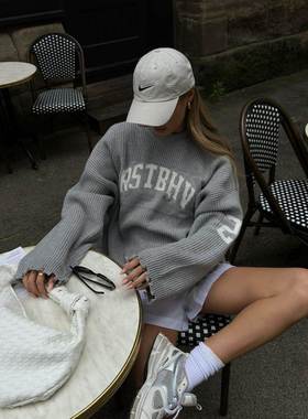 基础款字母提花慵懒风套头sweater女autumn and winter灰色软糯lo