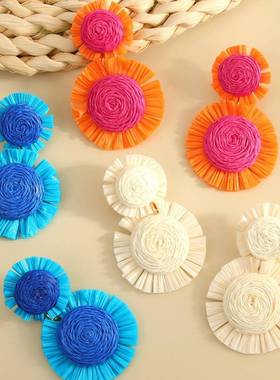 爆款Bohemia 手工编织拉菲草ear stud 多层rotundity personality