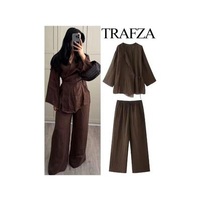 女装2025春季新款亚麻绑带上衣裤套装