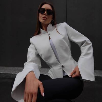 women's clothing new fashion 御姐风立领long sleeves 皮衣纯色