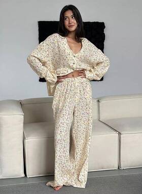 纯棉printing trousers 睡衣suit 2025autumn new 开衫睡衣外贸家