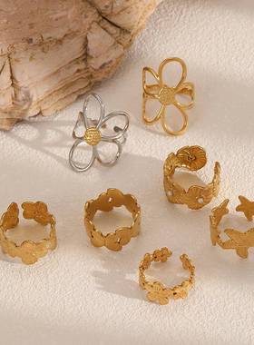 personality 不锈钢镂空flower ring 女百搭小众设计高级感食指戒