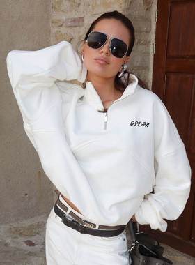 autumn and winternew美式加绒加厚V领卫衣女设计感temperament保