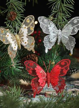 新款圣诞节装饰蝴蝶圣诞树starp 闪粉仿真蝴蝶场景氛围布置装饰蝴