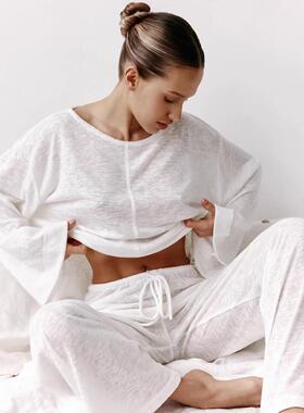 白色knit long sleeves trousers comfortable 透气睡衣suit 2025