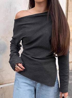 hottie 露肩knit T-shirt 女2025春季fashion 黑色套头打底衫temp