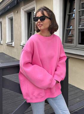 round neck loose hoodie 女2025autumn and winter street 纯色O