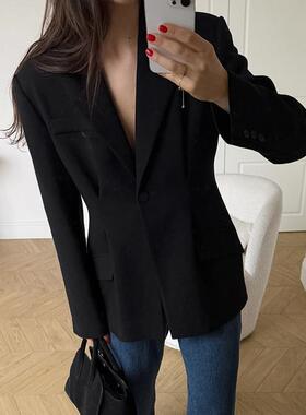 autumn and winter 复古风黑色temperament 修身suit coat leisur