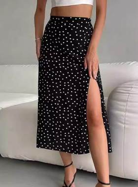 Frenchautumn and winternew波点printingsexy高腰开叉半身裙2024