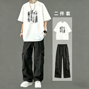 夏季圆领短袖男款两件套潮牌盛夏流行风格t恤套装男潮流新款衣服