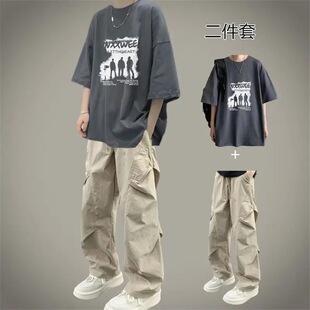2026夏季新款短袖长裤两件套男青少年学生潮流帅气宽松休闲男套装