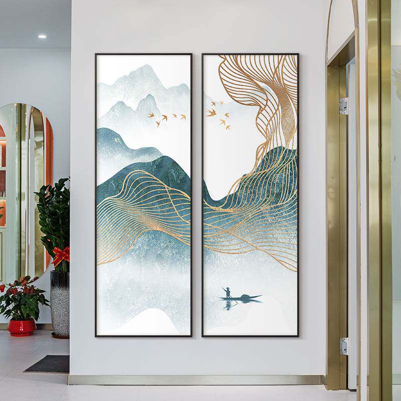 手绘油画新中式山水装饰画双联画
