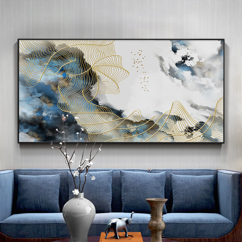 手绘抽象油画金线条客厅横版挂画新中式卧室装饰画沙发背景墙抽象