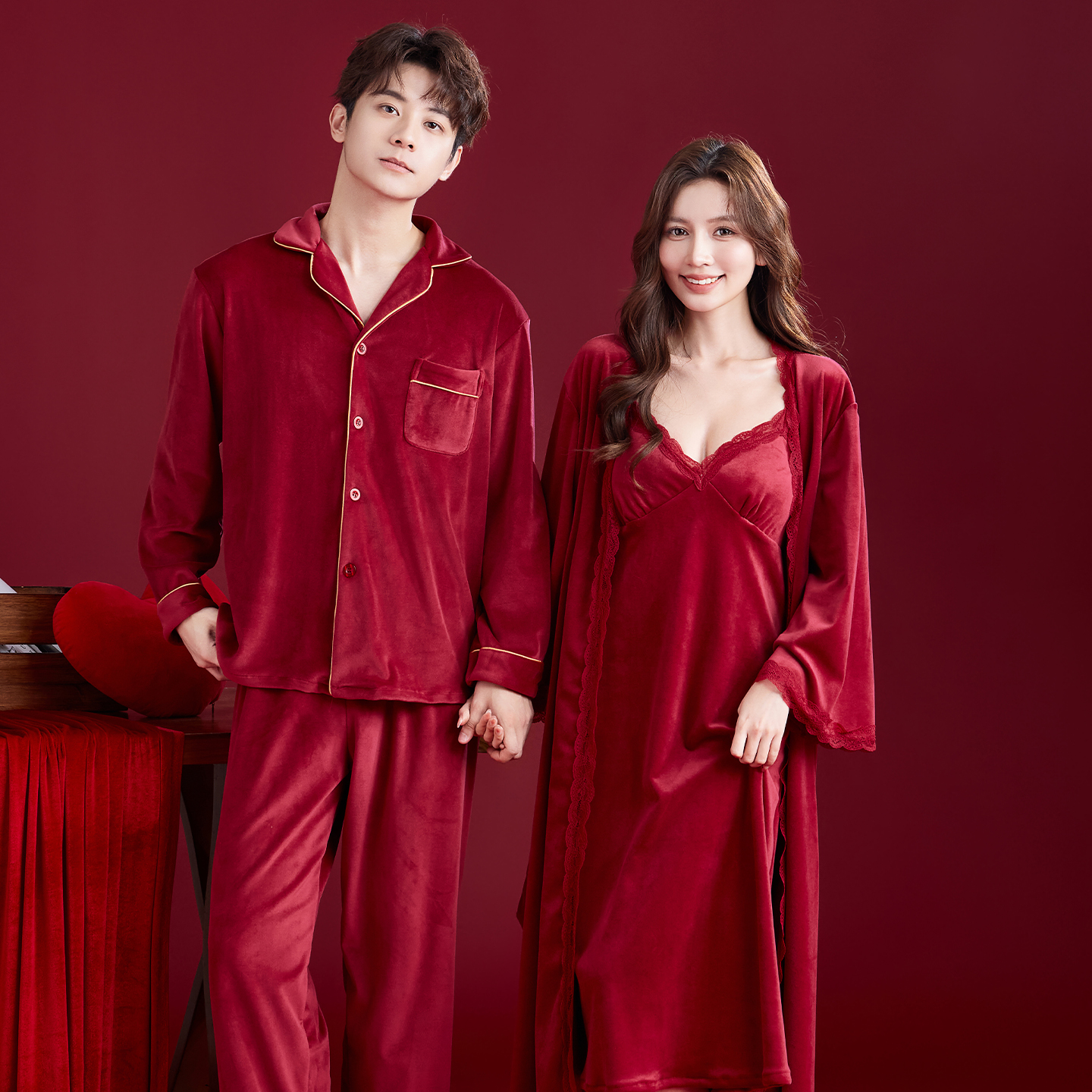两套价红色海岛绒结婚新婚情侣睡衣女新娘晨袍睡裙家居服冬季套装
