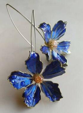 复古蓝色滴油花蕊耳环速卖通TEMU欧美长耳钩耳饰民族风旅游新