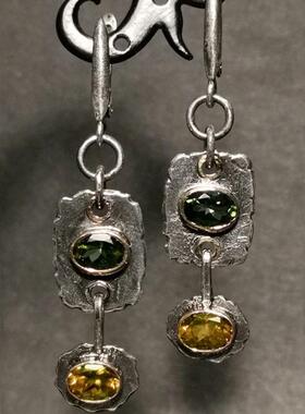 欧美几何金属长款耳坠民族风仿古做旧工艺镶嵌黄绿色水晶耳环