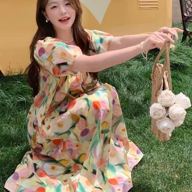 法式多巴胺彩色油画碎花连衣裙女夏V领泡泡袖裙子 XY-88L86