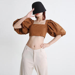 衬衫 街头潮人短款 露腰短袖 方领拼接泡泡袖 女纯色 抹胸上衣2025秋季