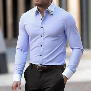 跨境爆款 男长袖 拼色领男黑扣修身 商务休闲棉质设计感衬衫 男士 新款