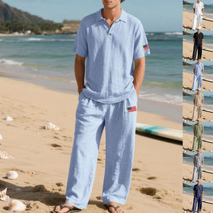 套装 跨境亚马逊夏季 翻领独立日长裤 沙滩亚麻透气休闲大码 宽松男士