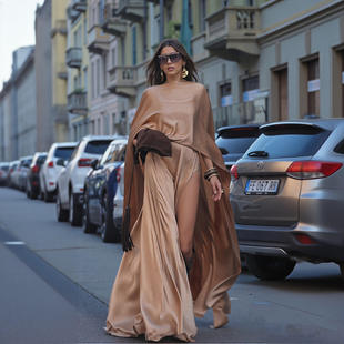 香槟色丝光缎面开叉拖地长裙围巾披肩2025冬季 女连衣裙礼服两件套
