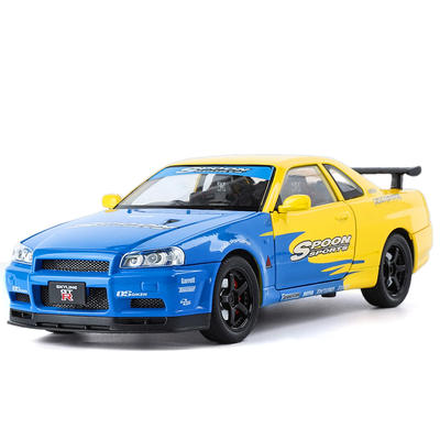 新款 1:24仿真GTR34天际线合金汽车模型拉花版声光拼色玩具车